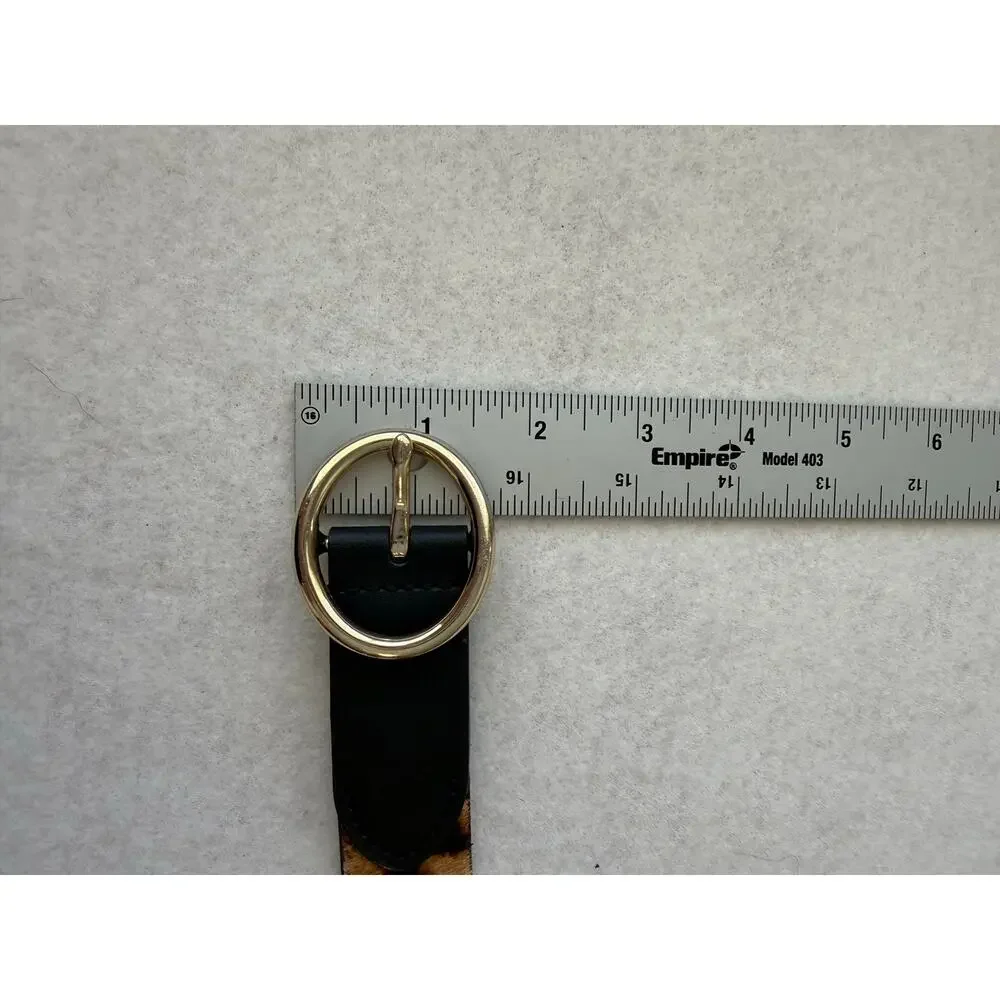 Talbots Leopard Print Calf Hair Belt Size L Gold Round Buckle Genuine Leather